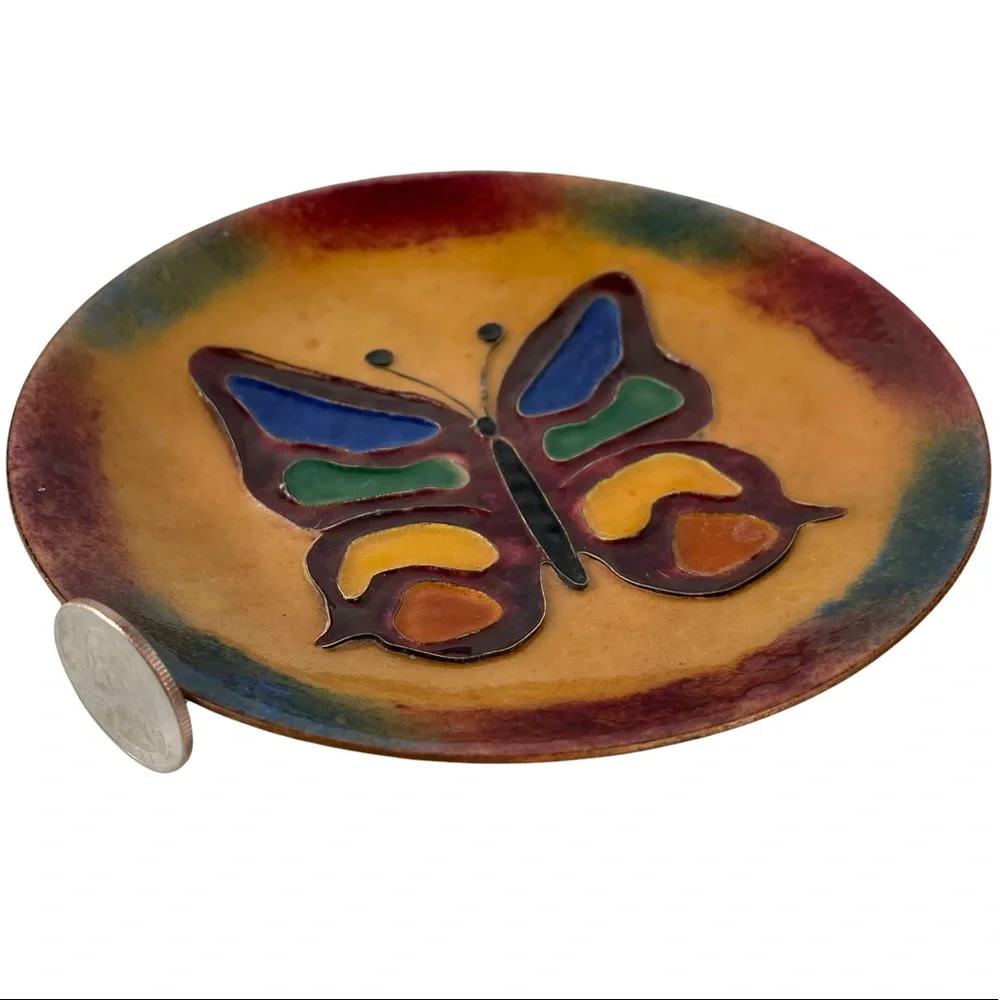 Vintage Copper Ashtray Handmade Hippy Rainbow Butterfly Glazed Cottagecore Boho